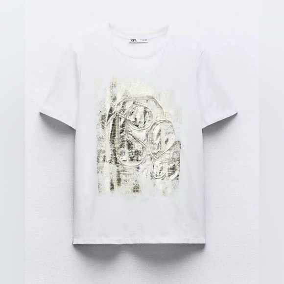 Zara Tops - Zara White T-Shirt + Gold Foil Design | Short Sleeve | L | NWT | 🌟Rare🌟